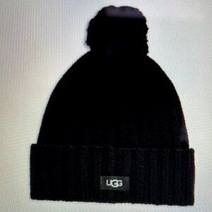 UGG Black Faux Fur Pom-Pom Rib Knit Beanie